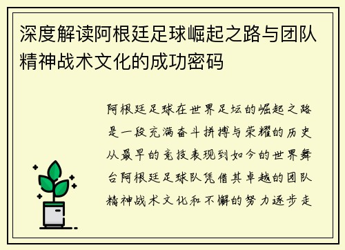 深度解读阿根廷足球崛起之路与团队精神战术文化的成功密码