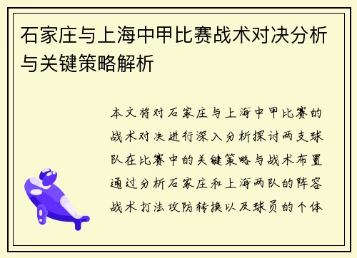 石家庄与上海中甲比赛战术对决分析与关键策略解析